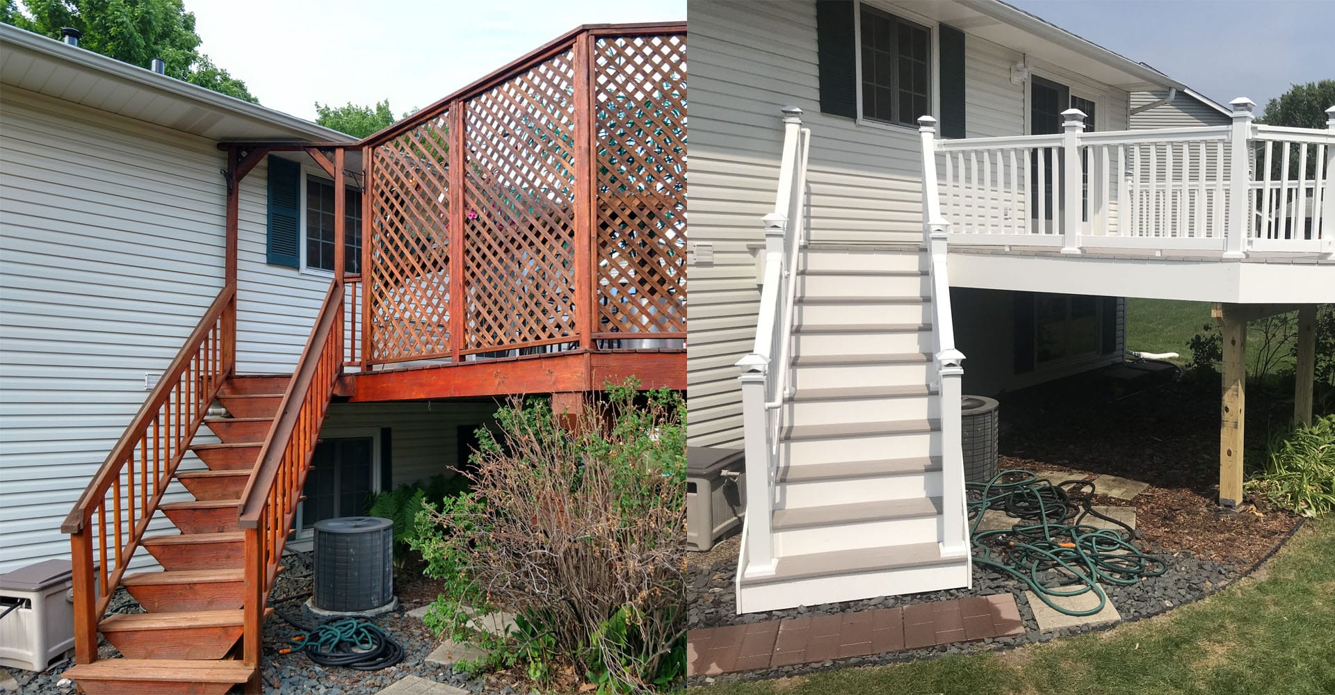 before and after picture of an older 1 level deck and a new white colored deck with white railings
