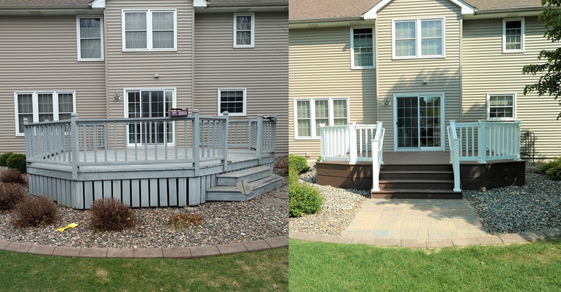 before and after picture of a octagonal deck attached to the back of a house